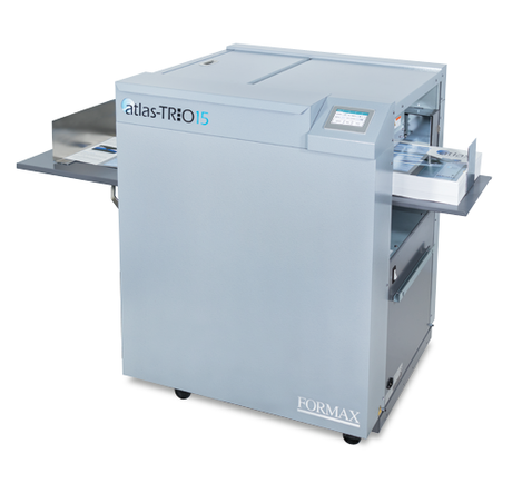 Formax Atlas-TRIO15 Multi-Function Slitter/Cutter/Creaser machine in blue color with a digital touchscreen control panel.