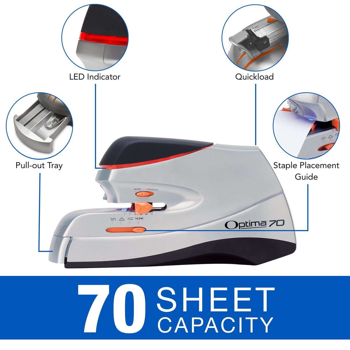 Swingline Optima 70 Electric Stapler - Silver, 70 Sheet Capacity