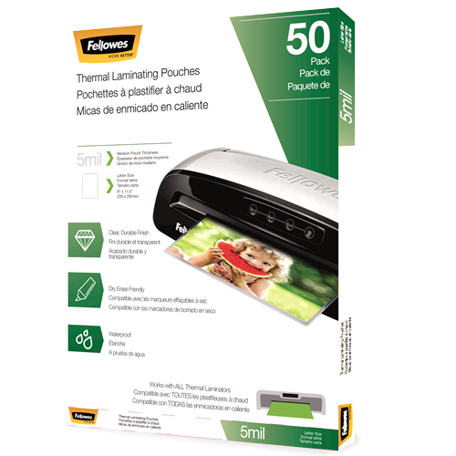 Fellowes Thermal Laminating Pouches - Letter Size, 5mil Thickness, Pack of 50