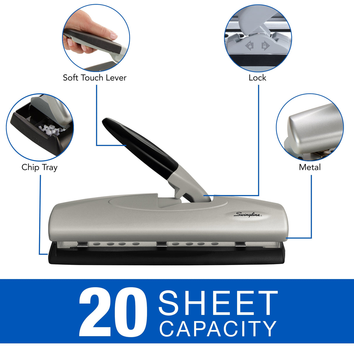 Swingline LightTouch High Capacity Desktop Punch, 2-7 Holes, 20 Sheets