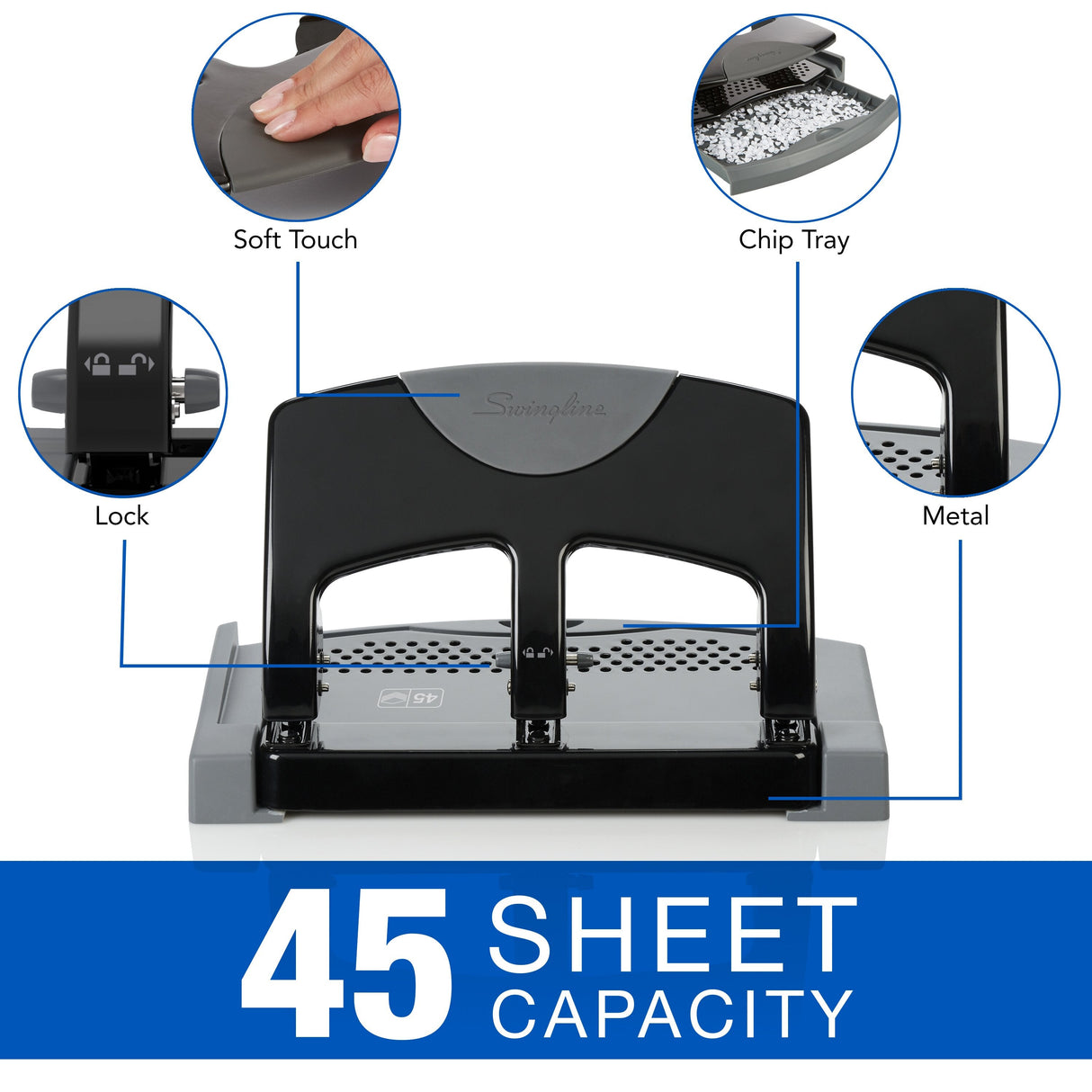 Swingline SmartTouch 3-Hole Punch, 45 Sheets, Low Force