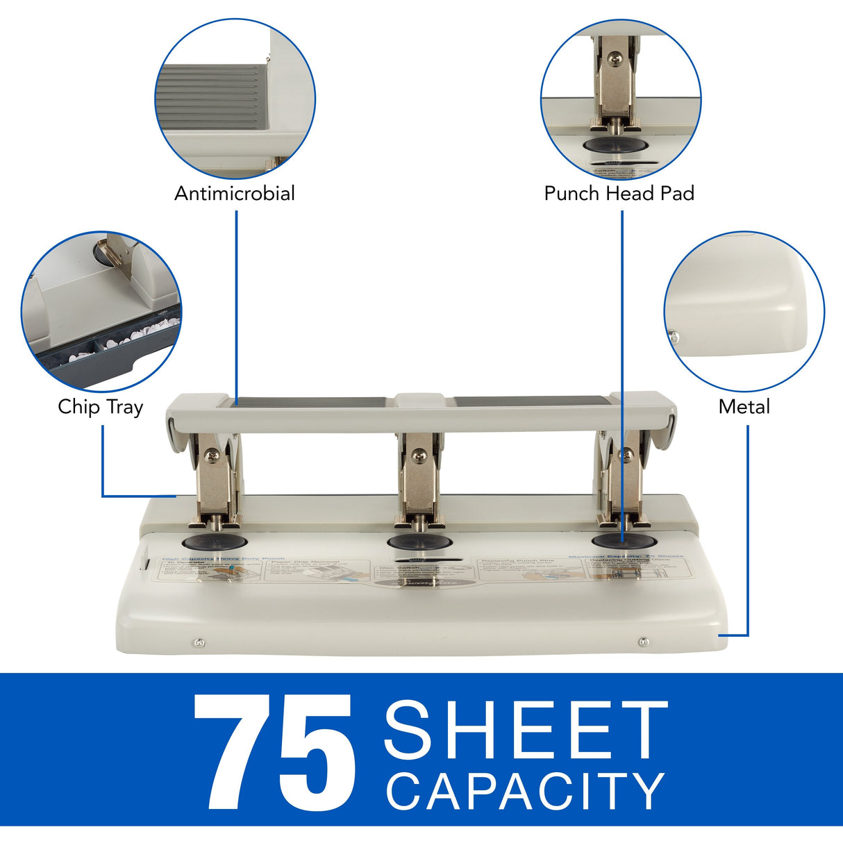 Swingline 3-Hole Heavy Duty Punch, Model HD-75, Antimicrobial, High Capacity